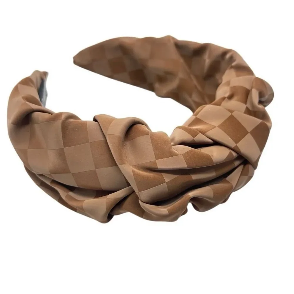 Brown Checkered Faux Leather Ruched Headband | Structured Handmade Accessory
